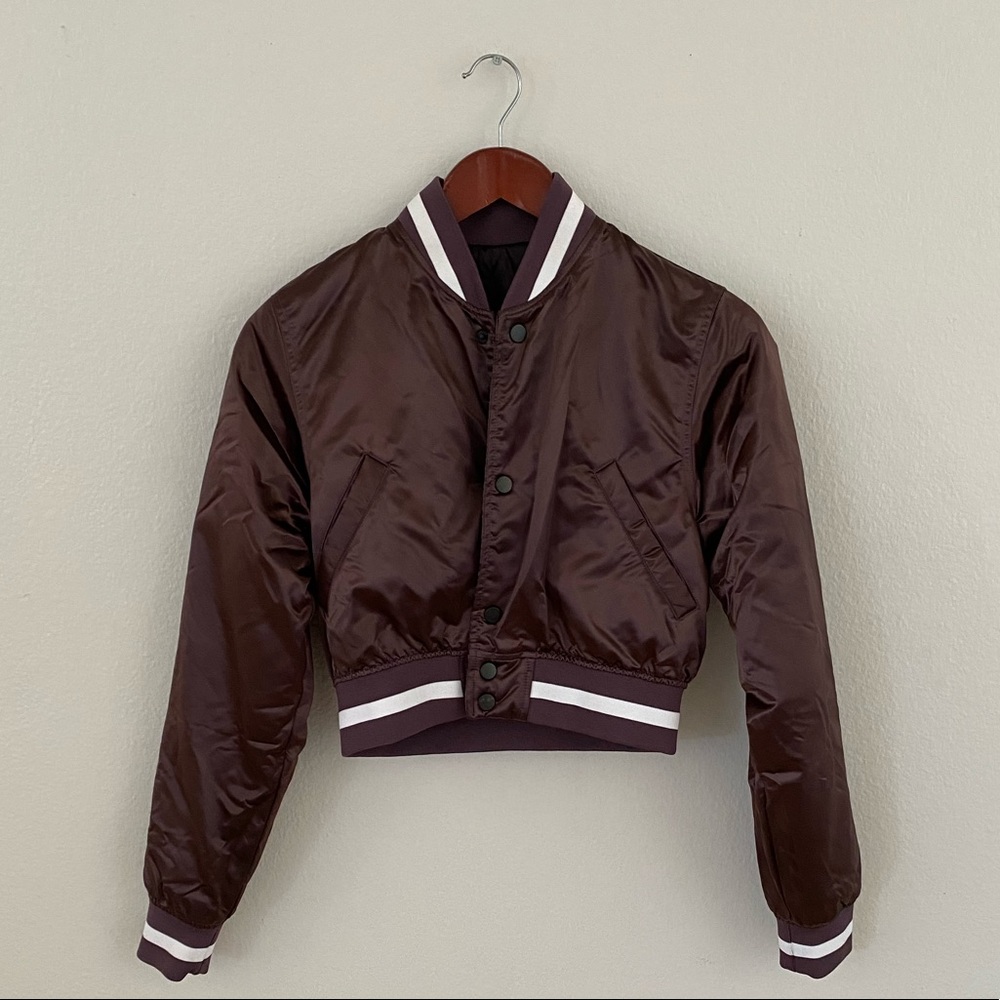 Cropped Purple Satin Varsity Jacket